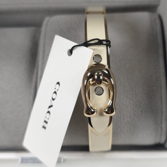 NWT COACH Buckle Bangle Bracelet SIGNATURE C Gold Plated & Chalk Enamel Hinged - Picture 4 of 13